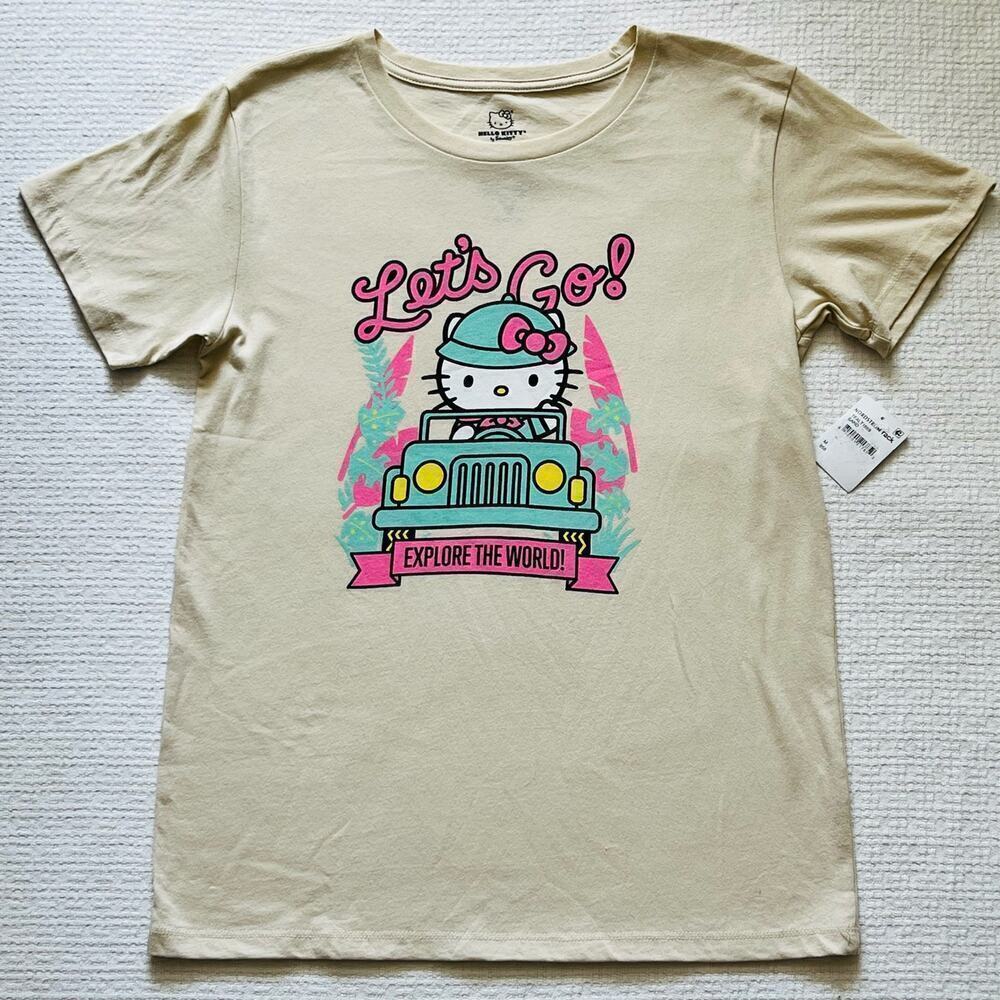 Hello Kitty Tan T-Shirt - Let's Go! Explore The World Car Ride Roadtrip Medium
